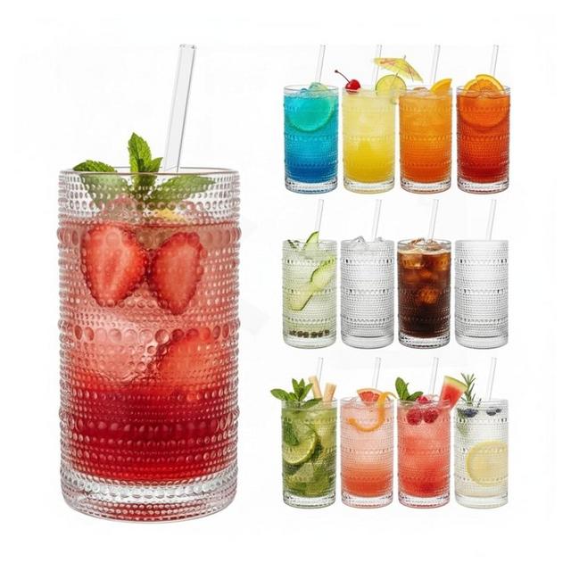 12-Piece Hobnail Drinking Glasses Set, 16 oz Large Vintage Highball Glassware with Straws, Heavy Textured Beaded Tall Tumblers for Water, Juice, Soda & Cocktails, Clear Retro Barware, Dishwasher Safe