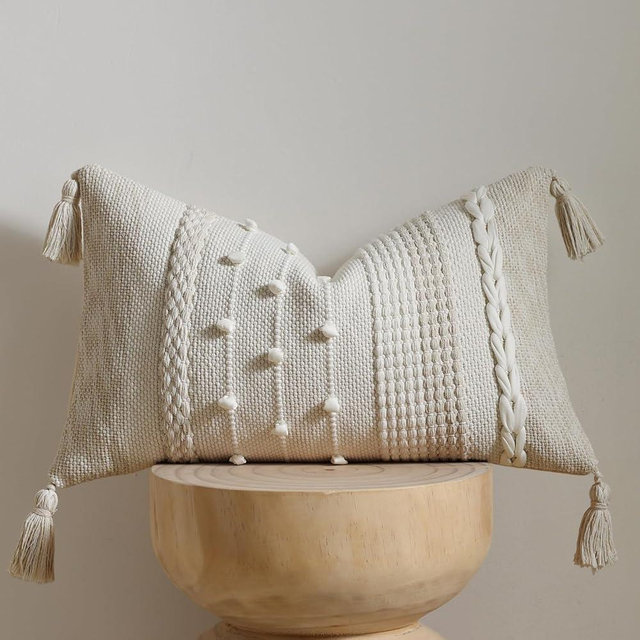 Boho Lumbar Pillow Cover 12x20 Beige - Handmade Woven Textured Rectangular Throw Pillow Case with Cordings & Tassels, Decorative Accent for Couch Sofa Bed Farmhouse Living Room Bedroom Home Decor