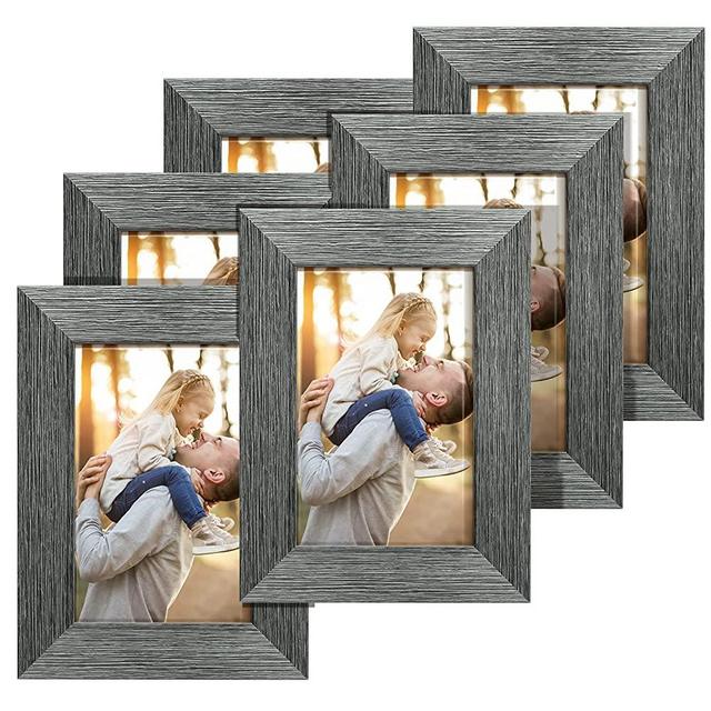 TWING 5X7 Picture Frame Set of 6, Classic Display Pictures 5x7 Distressed Wood Pattern High Definition Plexiglass Photo Frame for Table Top and Wall Display Gray