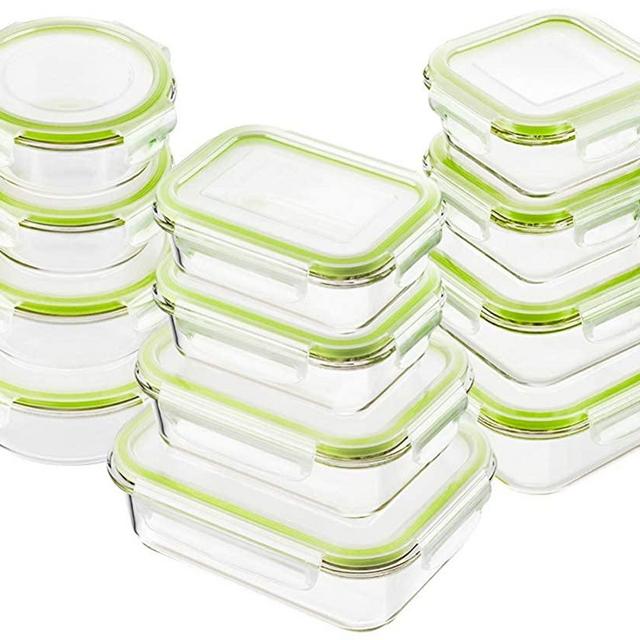 Bayco Glass Food Storage Containers with Lids, [24 Piece] Glass Meal Prep Containers, Airtight Glass Bento Boxes, BPA Free & FDA Approved & Leak Proof (12 lids & 12 Containers) Green