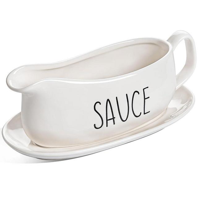 LE TAUCI Gravy Boat with Saucer Stand 16oz, Ceramic Sauce Boat with Tray for Salad Dressings, Creamer, Broth, Black Pepper, Set of 1, Oyster White