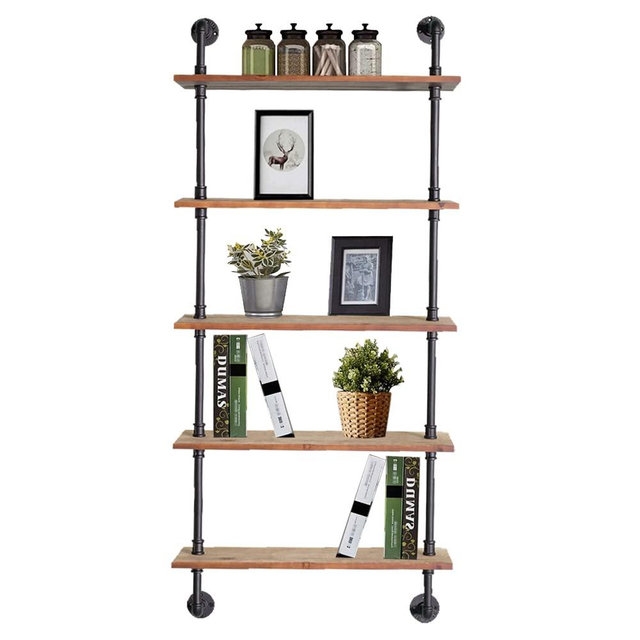 Industrial Pipe Shelving, 24inch Pipe Shelves with Wood Planks, 5 Tier Floating Shelves Wall Mounted Steampunk Real Wood Book Shelves, Retro Rustic Industrial Shelf for Bar Kitchen Living Room
