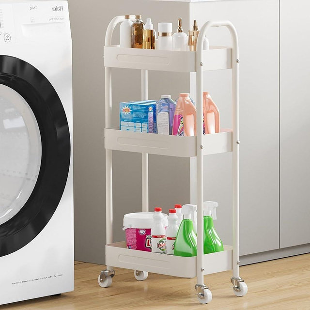 LIWNYRK 3 Tier Narrow Rolling Storage Cart for Laundry Room Bathroom Kitchen, 7.1'' Slim Utility Cart with Wheels and Lockable Casters Standing Shelf for Small Space & Between Washer and Dryer, White