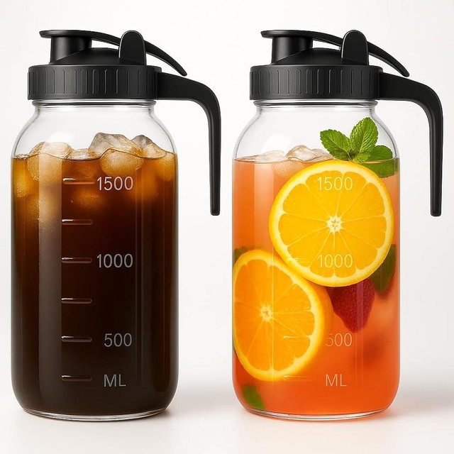 VA1KENE 2 Pack (64oz) Glass Mason Jar Pitcher with Lid and Spout Wide Mouth, 2 Quart Leakproof Water Jug for Sun Tea, Iced Coffee, Milk Storage, Juice, Black
