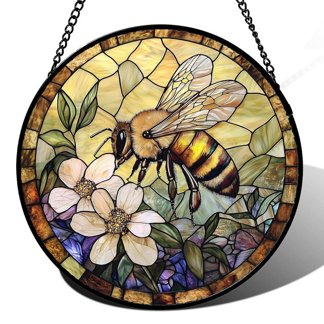 AMDERVEN Stained Glass Window Hanging, Vintage Bee Yellow Flower Sun Catcher for Window Door Home Decor Suncatcher Christmas Mother's Day Birthday Gifts for Women Men Mom and Nana 7.8 in
