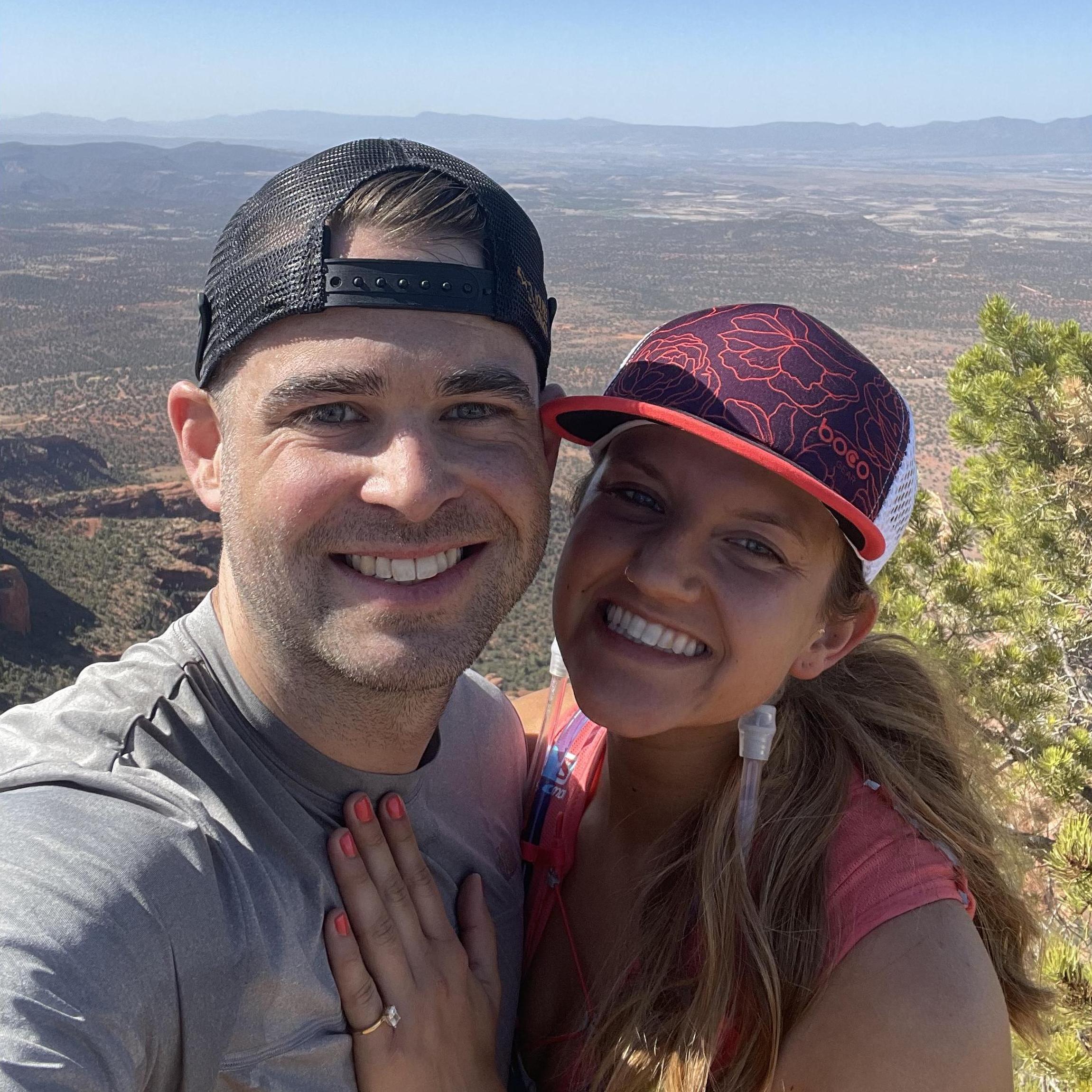 After Mason proposed, because of the heat and altitude from hiking Bear Mountain in Sedona, the engagement ring only fit on Taylor's pinky finger. After the trek down the mountain, it fit perfectly.