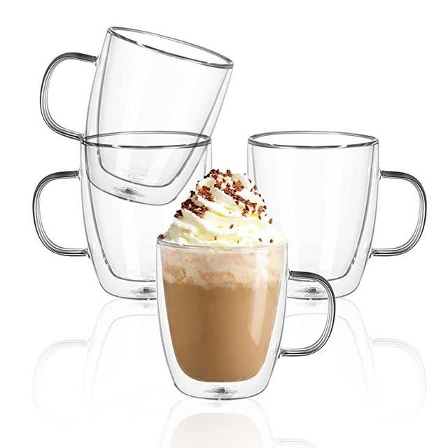 Sweese Double Walled Coffee Mugs - 12.5 oz Clear Coffee Mugs Set of 4, Perfect for Cappuccino, Latte, Americano, Tea Bag, Beverage