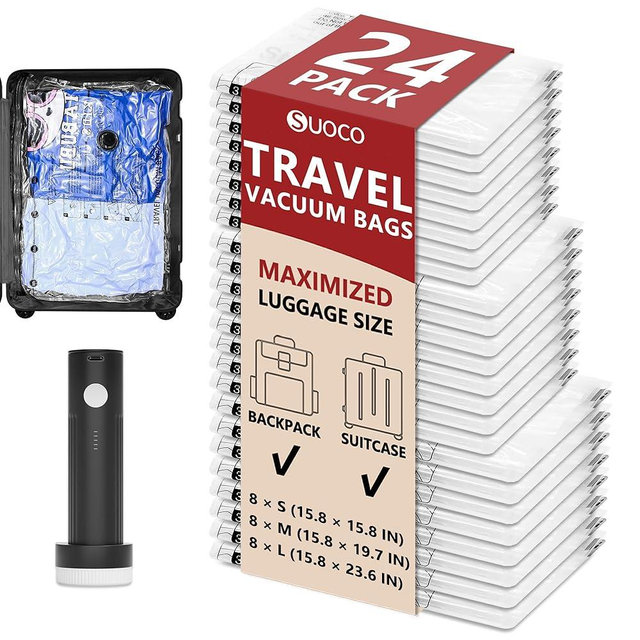 Travel Vacuum Bags for Clothing with Rechargeable Electric Pump, Compression Packing Cubes Organizer Storage for Luggage Suitcase, Space Saver Seal Bags for Vacation Cruise, 24 Combo