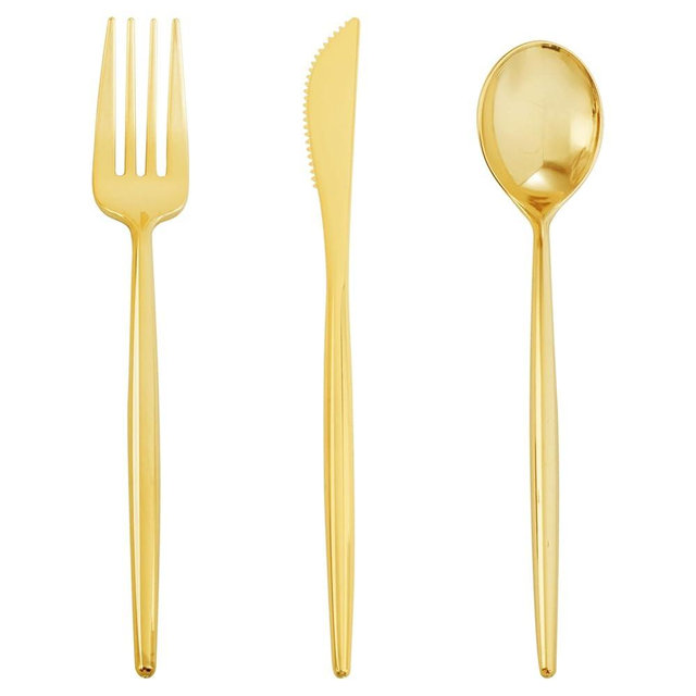Supernal 180PCS Gold Plastic Silverware Gold Silverware Disposable Cutlery Plastic Utensils Heavy Duty Disposable Utensils Includes: 60 Knives, 60 Forks and 60 Spoons for Party, Birthday, Wedding