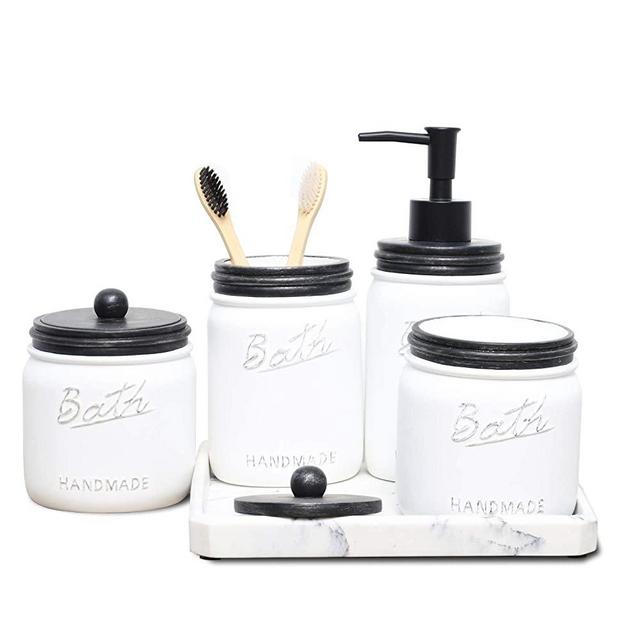 LKKL Mason Jar Bathroom Accessories Set 5 Pcs - Foaming Hand Soap Dispenser & Toothbrush Holder & 2 Apothecary Jars & Vanity Tray - Rustic Farmhouse Decor, Countertop Vanity Organizer - Black