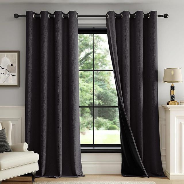 FMFUNCTEX 100% Blackout Curtains for Bedroom, Black Curtains 84 Inches Long Textured Thermal Insulated Curtains for Living Room Drapes, Black Out Drapery Grommet Room Darkening 2 Panels