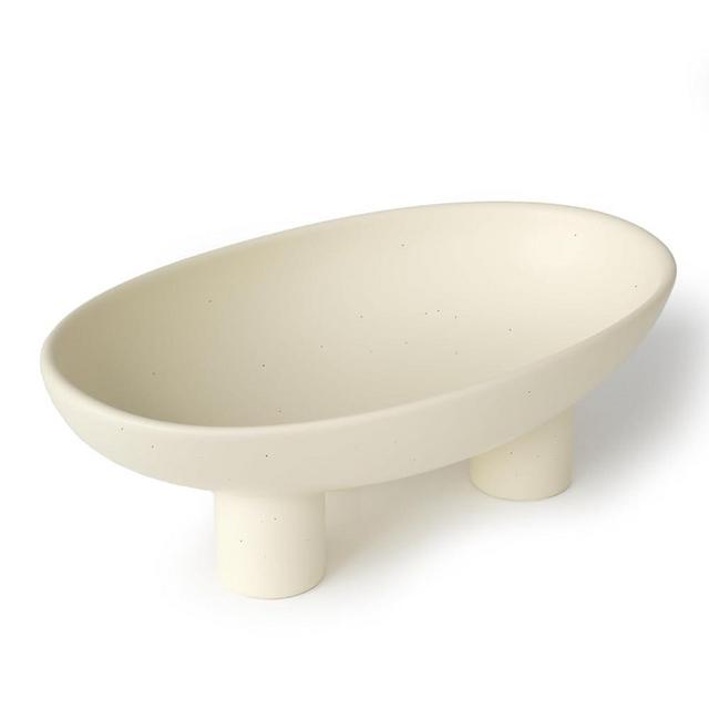 Relexome Fruit Bowl Three-Legs Ceramic Fruit Basket for Kitchen Counter,10 Inch Oval Large Decorative Bowl Candy Pedestal Key Breads Bowl, Wabi-Sabi Home Room Table Entryway Décor, Matte Cream White