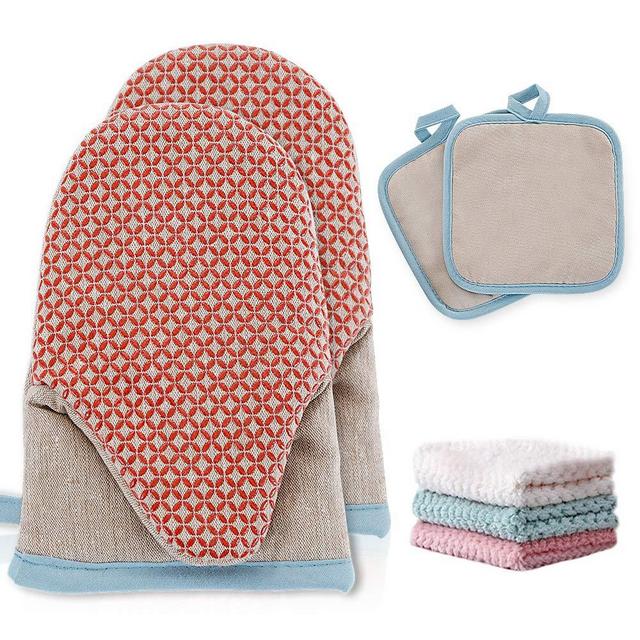Oven Mitts Pot Holders Set Silicone Non-Slip Oven Gloves Kitchen Heat Resistant 500 Degrees Silicone Cooking Gloves for Cooking, Grilling, Baking, Barbecue
