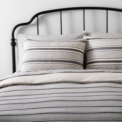 Full/Queen Duvet Cover Set Linen Blend Yarn Dye Stripe Black / Sour Cream - Hearth & Hand™ with Magnolia