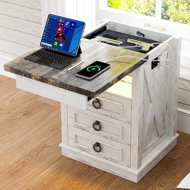 Lvifur Farmhouse Nightstand with Gun Drawer, Human Sensor LED Bedside Table with LED Lights & Charging Station, Rustic Wood Sofa Side End Table with 3 Drawers for Bedroom (Antique White)