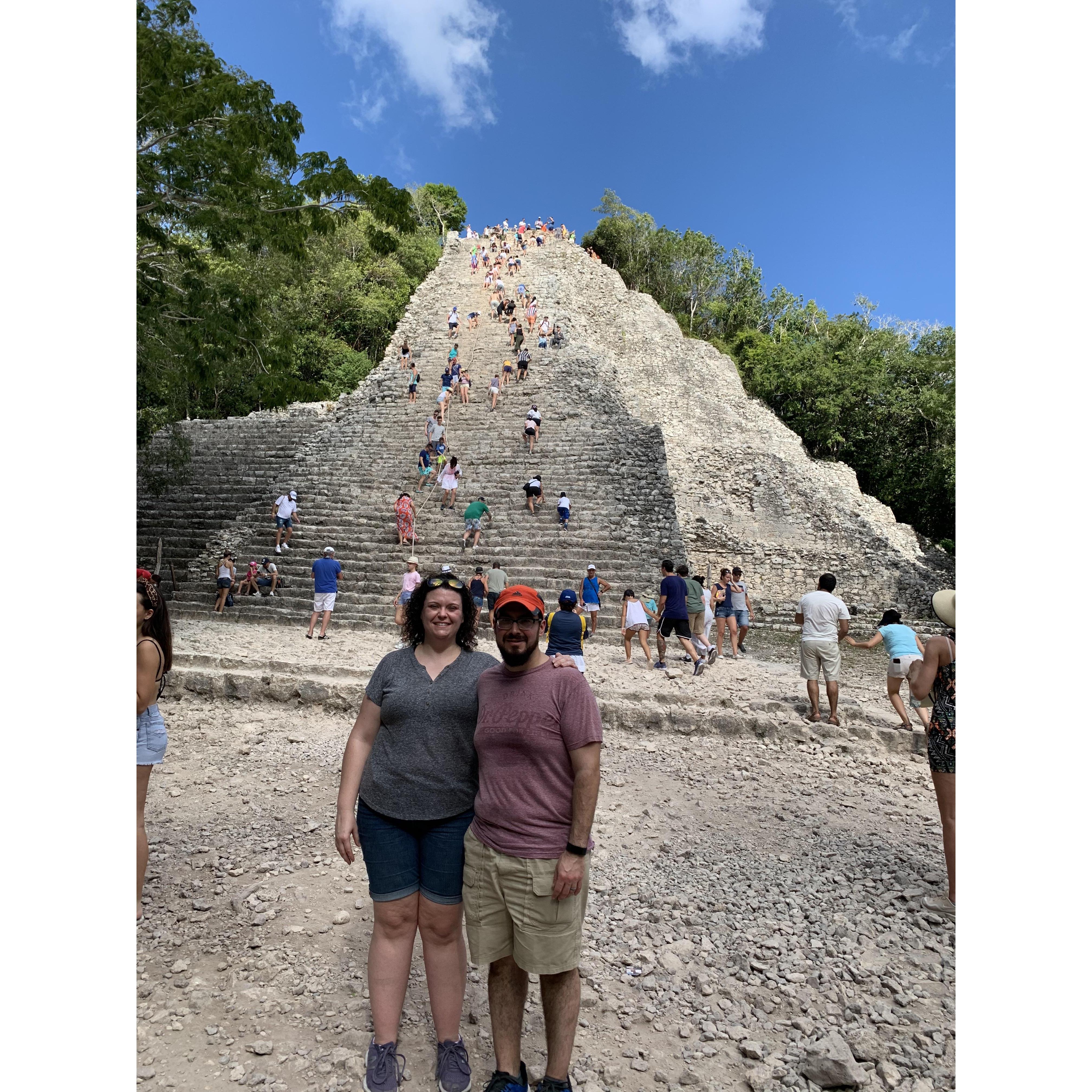 On our honeymoon, at the Coba ruins in Mexico, after climbing down the Ixmoja pyramid