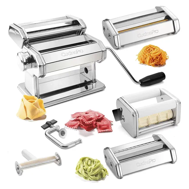 Pasta Maker Deluxe Set 5 pc Steel Machine w Spaghetti Fettuccini Roller Angel Hair Ravioli Noodle Lasagnette Cutter Attachments, Hand Crank & Clamp