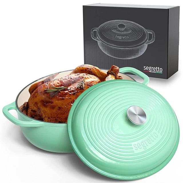 Segretto Cookware Enameled Oval Cast Iron Dutch Oven with Handle 7-Quarts Verde Chiaro (Light Green) 7 qt Enamel Cast Iron Dutch Oven Pot with Lid Enamel Dutch Oven Cast Iron for Bread Baking, Cooking