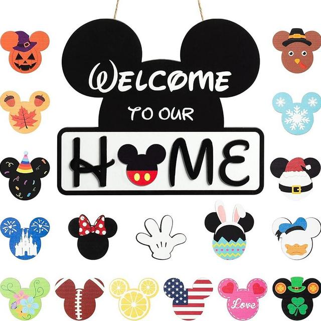SUPYFD 19Pcs Cute Mouse Interchangeable Seasonal Welcome Door Sign for Front Door Decor, Welcome to Our Home Sign with Interchangeable Holiday Pieces for Farmhouse/Wall/Porch Decor and Housewarming