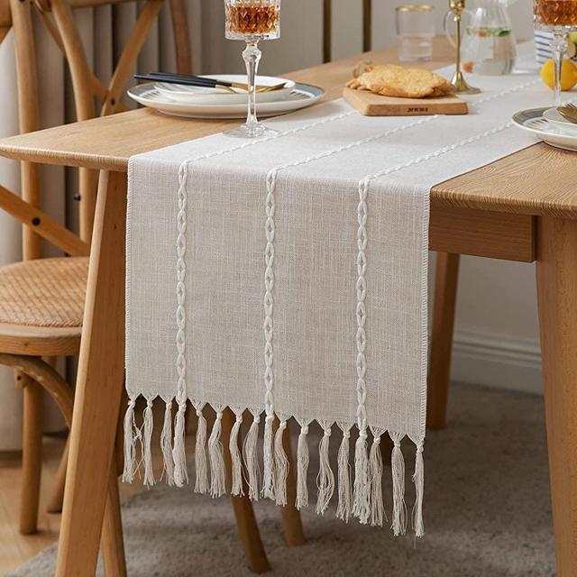 ZeeMart Farmhouse Table Runner, Rustic Table Runners 72 Inches Long, Linen Boho Table Runner, Braided Striped Cream Table Runner for Dining Party Holiday, 15x72 Inches, Braided Cream