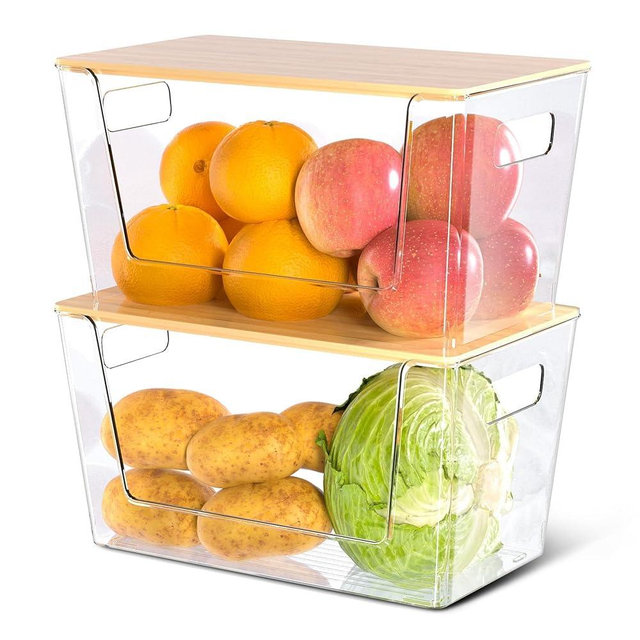 2-Pack Clear Plastic Trash Bag Dispenser & Potato Onion Storage Bin with Bamboo Lid - Under Sink Organizer for Kitchen, Pantry, Cabinet - Holds Bags, Veggies, Snacks or Cleaning Supplies