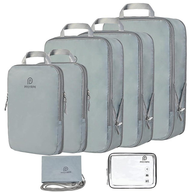 PFEYRPK Lightweight Compression Packing Cubes for Suitcases, Compressible Expandable Travel Packing Organizer with Clear Toiletries and Backpack Bag, Travel Essentials for Carry on Luggage 7 Set