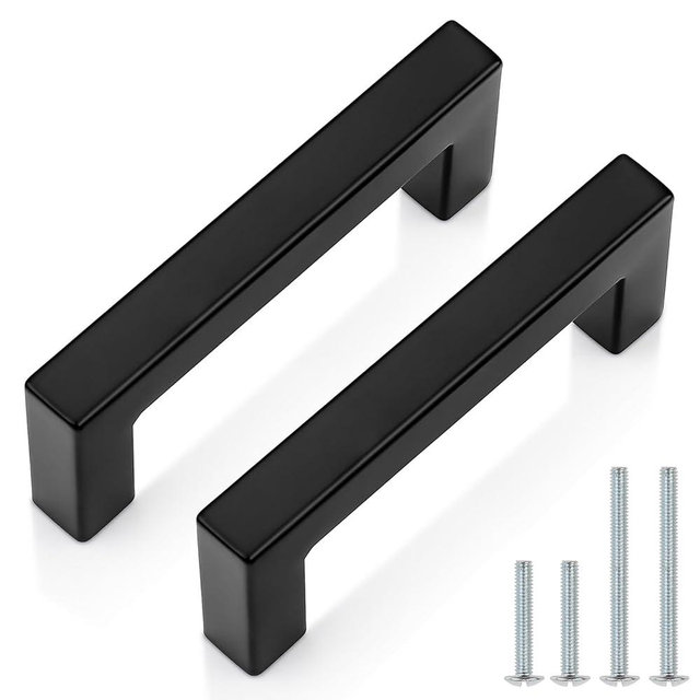 Probrico 10 Pack| 5 inch Black Cabinet Handles Stainless Steel Drawer Pulls 3 Inch Hole to Hole Kitchen Cabinet Handles Matte Black Square Drawer Handles Modern Cabinet Hardware