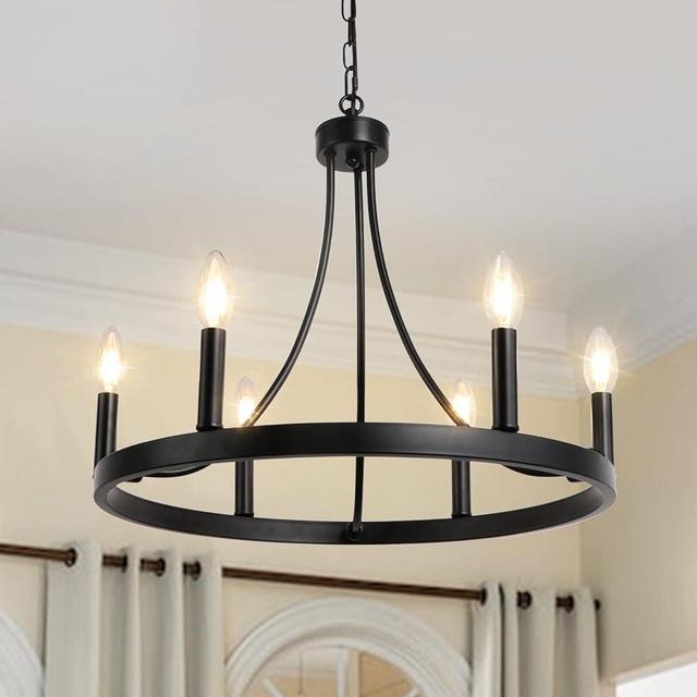 LynPon Wagon Wheel Chandelier Diam 20 inch, 6 Lights Black Chandeliers for Dining Room, Rustic Round Chandelier Hanging Farmhouse Wrought Iron Light Fixture for Living Room Kitchen Foyer Entryway