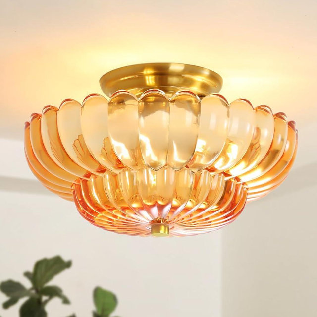 GloMuse Semi Flush Mount Ceiling Light Hallway Light Fixtures Glass Chandeliers Gold Base Modern Lighting Ceiling Light Fixture for Kitchen Bedroom Hallway Orange 3 Light(Bulb Not Included)
