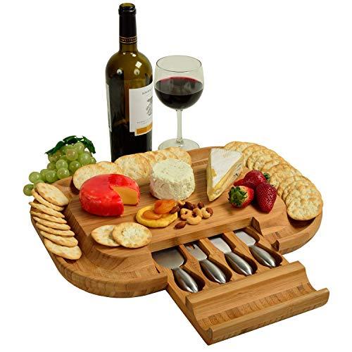 Picnic at Ascot -The "Original" Malvern Deluxe Bamboo Cheese Board with Cracker Groove & Integrated Drawer with Stainless Steel Cheese Knife Set - Designed & Quality Assured in the USA