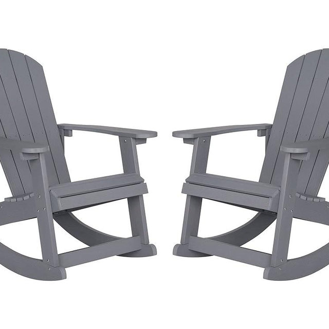 Flash Furniture Savannah All Weather Adirondack Rocking Chairs, Polyresin Wood Adirondack Chair with 350-lb. Static Weight Capacity, Set of 2, Gray