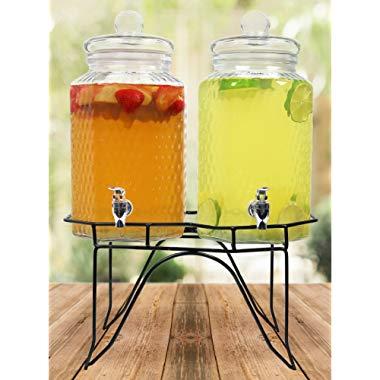 Estilo Hammered Glass Double Beverage Drink Dispenser On Stand With Leak Free Spigot, 1 gallon, Clear