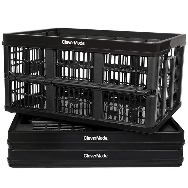 CleverMade 32L Collapsible Storage Bins, Plastic Folding Stackable Utility Containers for Home and Garage Organization, CleverCrates, Black, 3 Pack