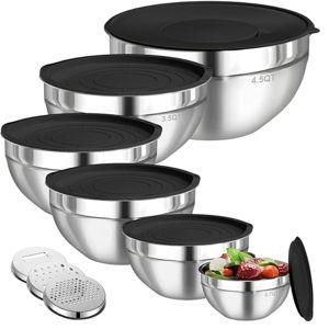 Mixing Bowls with Lids Set, 6 PCS Stainless Steel Mixing Bowls with 3 Grater Attachments, Large Size 4.5, 3.5, 2.1, 1.5, 1.1, 0.7QT-Black