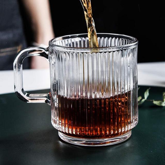 Lysenn Clear Glass Coffee Mug with Lid - Premium Classical Vertical Stripes Glass Tea Cup - for |Latte|Tea|Chocolate|Juice|Water| - Unleaded - Bamboo Lid - 12.5 Ounces