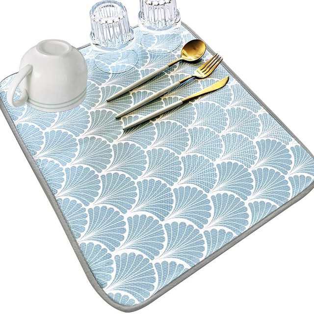 SHIYUE Dish Drying Mat for Kitchen Counter Super Absorbent Spring Kitchen Decor Microfiber Drying Matainers Rack Fast Pad Dish Drainer Mats(Aqua Blue Shell Geometric,16''x18'')