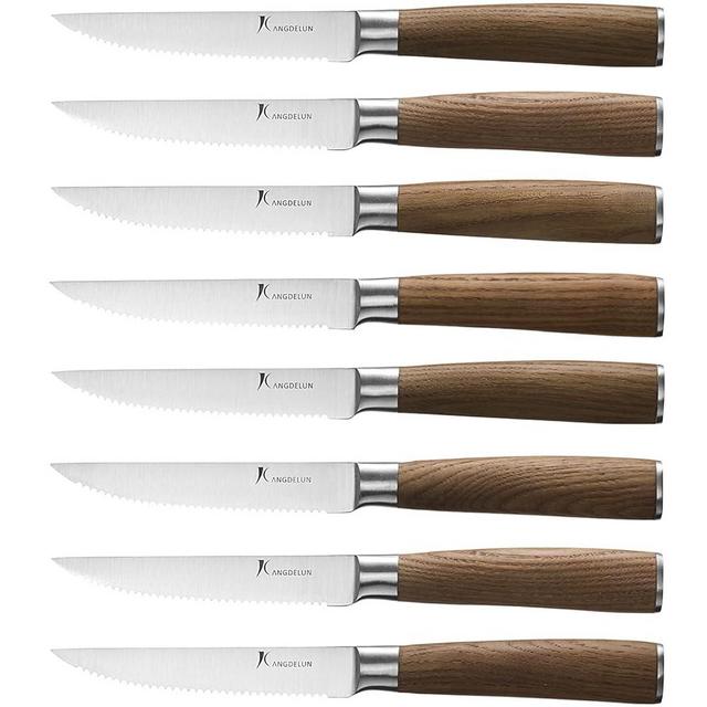 kangdelun Natura Series 4.5” Serrated Steak Knife Set of 8, High Carbon Stainless Steel, Brown Wooden Handle