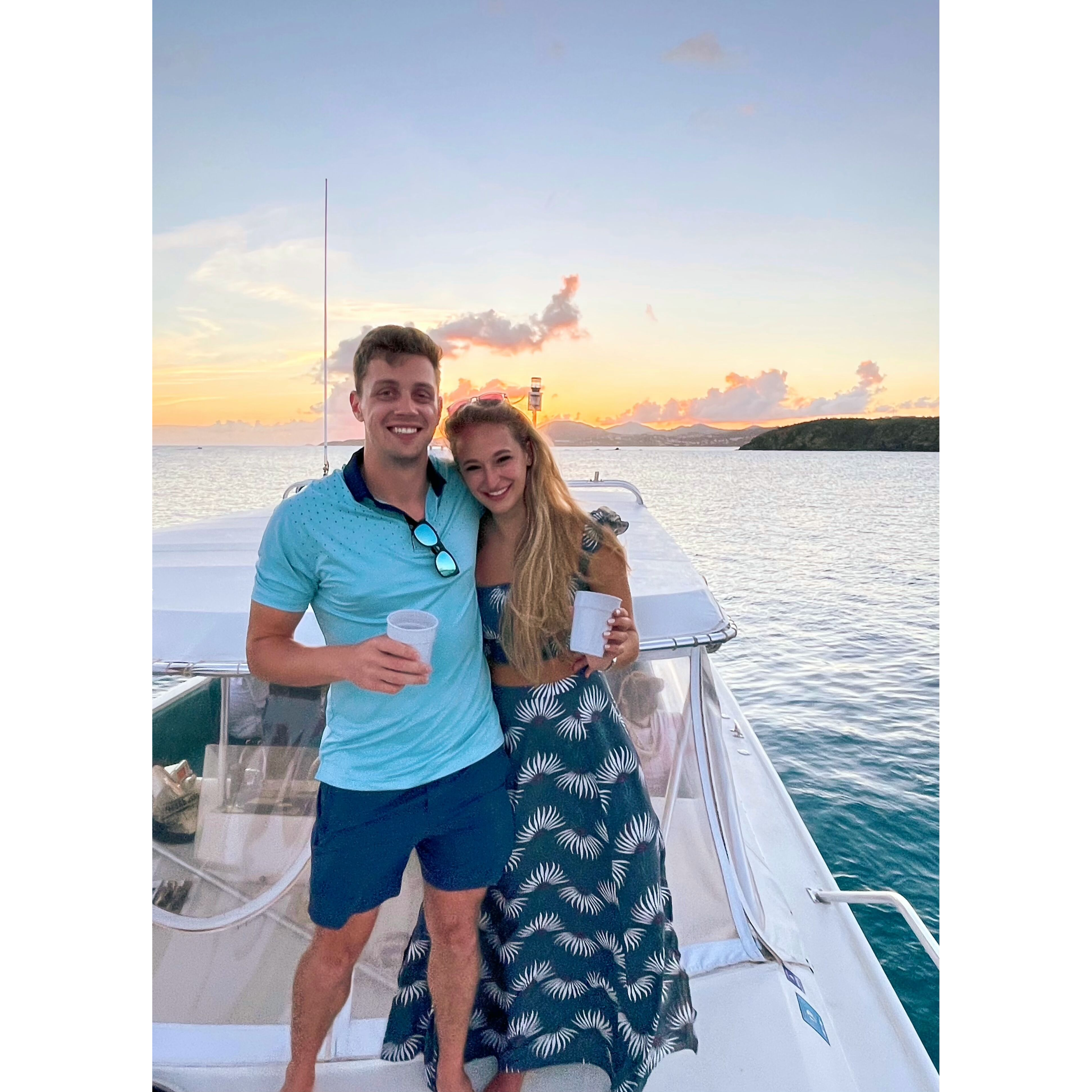 Our last night in USVI, our friends took us on a sunset booze cruise where Dan proceeded to lose Anna's wallet before the flight home - but our relationship survived!