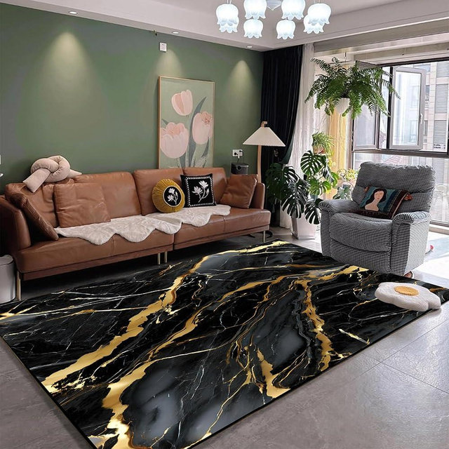 EDGZKO Black Marble Rugs for Bedroom: 5x7 Feet Abstract Black and Gold Marble Area Rug Non Slip Washable Carpet Modern Floor Mat Doormat for Living Room Dining Room Dorm Kitchen Classroom