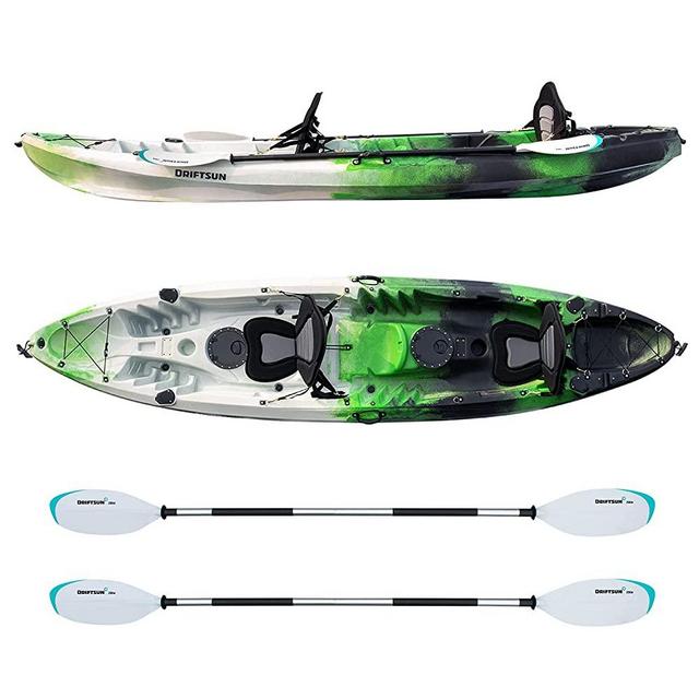 Driftsun Teton 120 Hard Shell Recreational Tandem Kayak, 2 or 3 Person Sit On Top Kayak Package with 2 EVA Padded Seats, Includes 2 Aluminum Paddles and Fishing Rod Holder Mounts