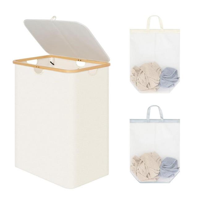 StorageWorks Extra Large Laundry Hamper with Lid, 160L Tall Laundry Basket with Bamboo Handles and 2 Removable Inner Bags, Double Laundry Basket, Laundry Hamper for Clothes, Towels, Beige, 1-Pack