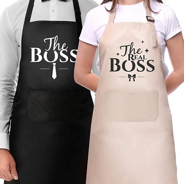 Couple Aprons for Cooking-The Boss The Real Boss Apron Set Funny Adjustable Baking Aprons His and Her Engagement Anniversary Wedding Valentines Day Bridal Shower Gift