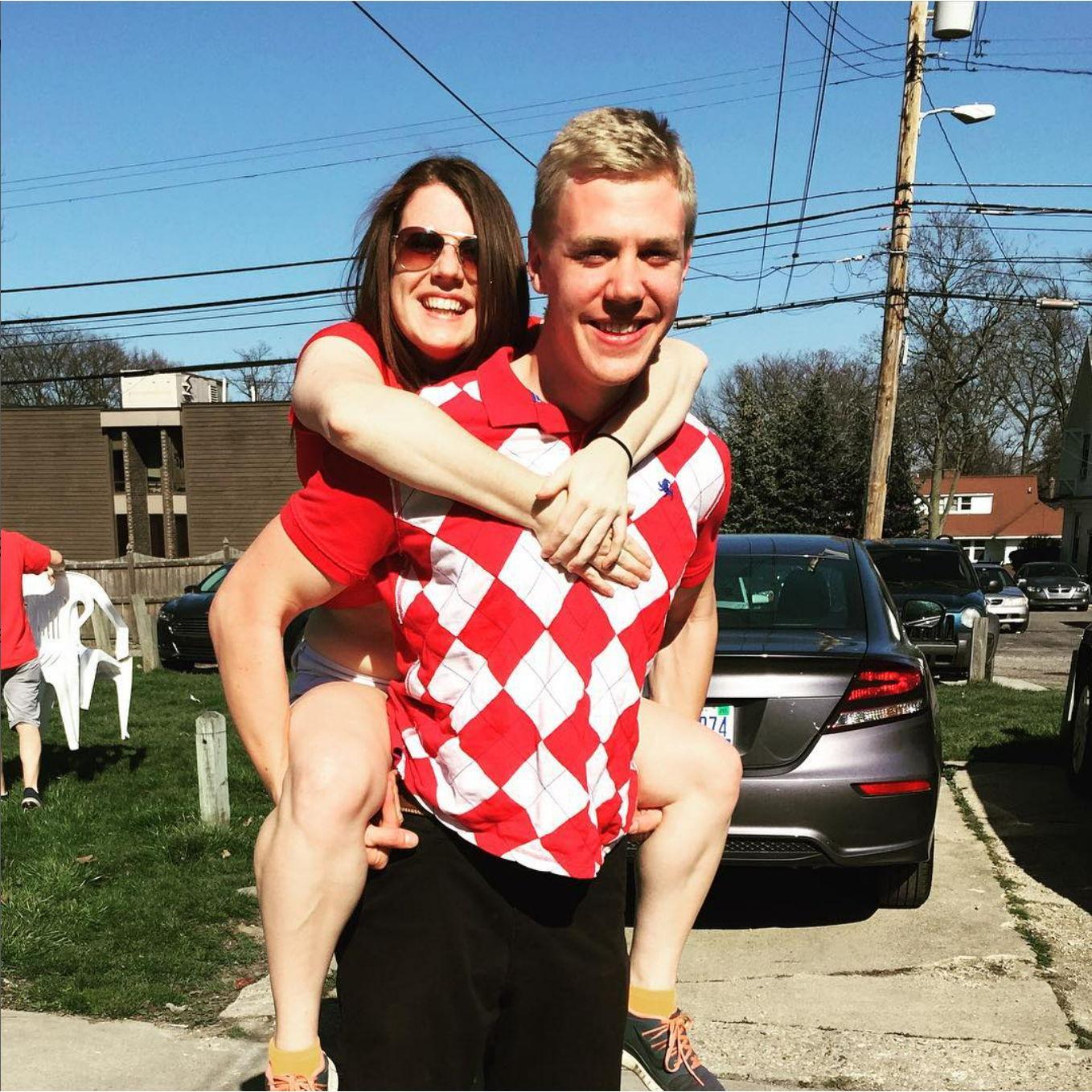 2016 - The first picture we ever took together, we were at a Beer Olympics party in East Lansing. Go Team Austria!