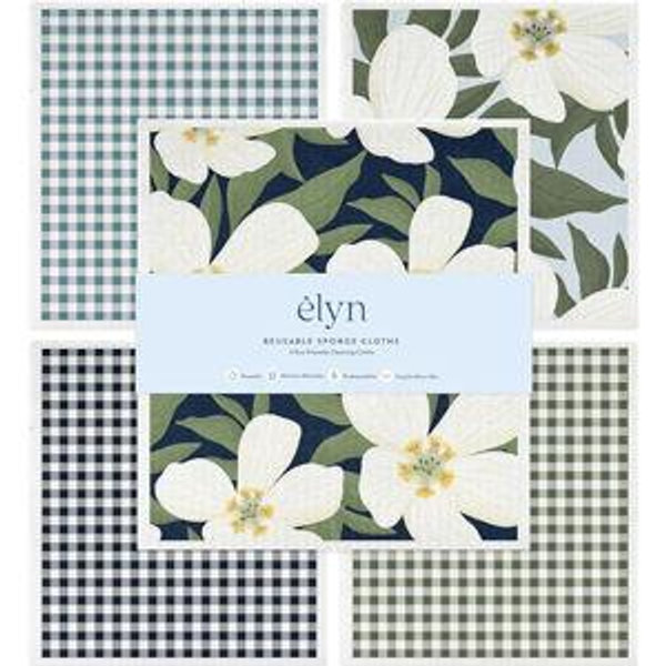 ELYN Swedish Dishcloths, Reusable & Washable Sponge Cloths, Absorbent Cleaning Paper Towels for Kitchen, Dishes, Counters and More, 5 Pack, Assorted Magnolia & Gingham Patterns