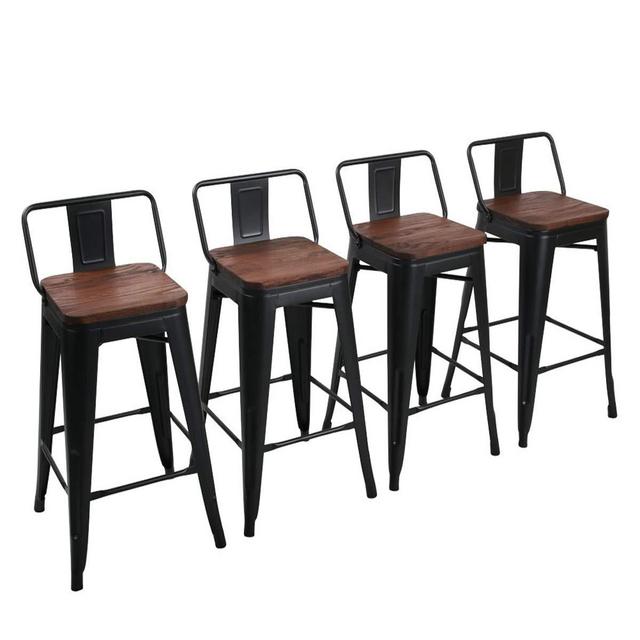 Yongchuang 30" Metal Barstools Set of 4 Bar Height Bar Stools with Back Industrial Bar Chairs Matte Black (30" Seat Height, Wooden Top Low Back)