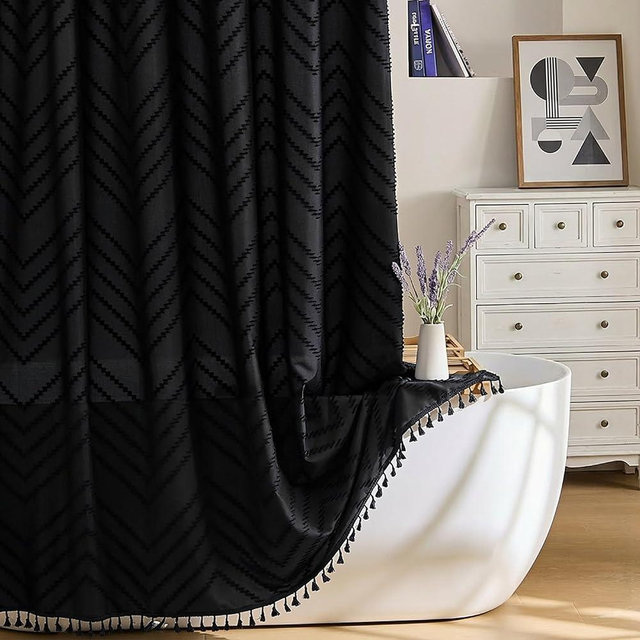 Siiluminisoy Stall Boho Shower Curtain Black Tassel Woven Fabric Shower Curtain 48 x 72 Modern Farmhouse Textured Tufted Chevron Striped Minimalist Bathroom Shower Curtain