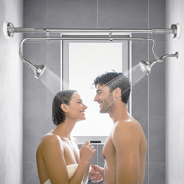 OURBAOFU Tandem Shower Heads, Double Shower Head for Couples, Dual Shower Head System for Two People, High Pressure and Adjustable Double Shower Heads (Silver)