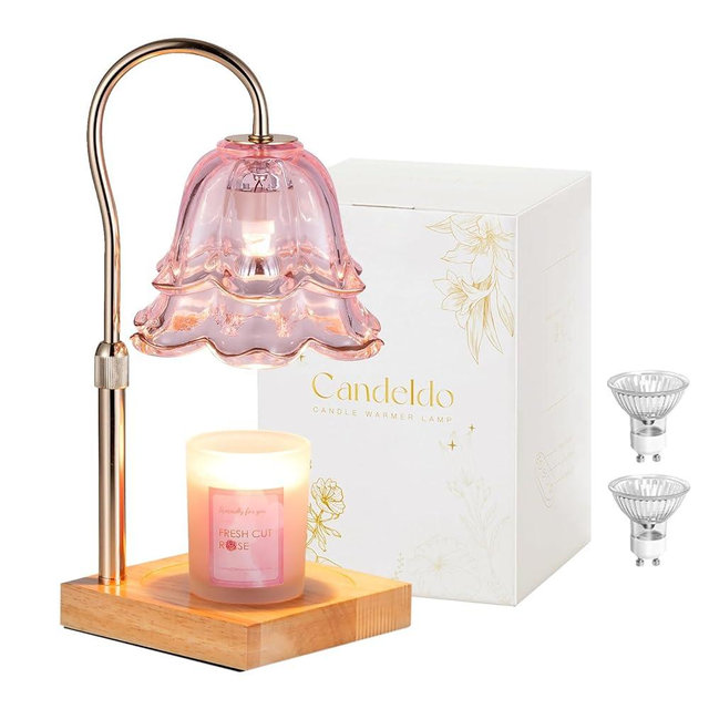 Candeldo Candle Warmer Lamp with Timer: Pink Flower Candle Warming Lamp with 2 Bulbs Height Adjustable Wax Warmer Dimmable Bedroom Mothers Day Decor Gift for Women