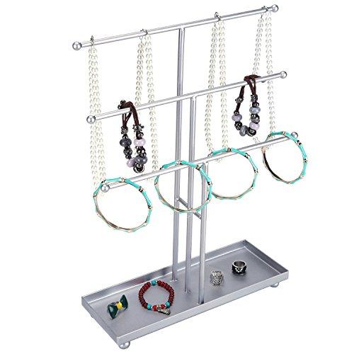 3 Tier Modern Metal T-Bar Jewelry Display Organizer Stand with Ring Tray, Silver