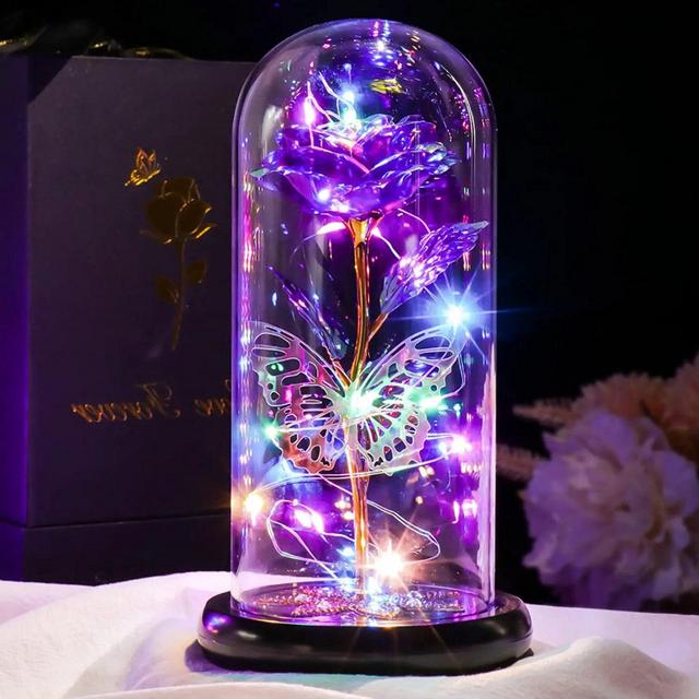 Galaxy Rose Gifts for Her with Butterfly Decor and Diamond Base Purple Home Decor